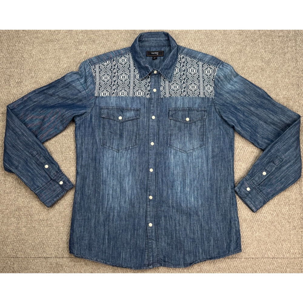 Faction USA Men's Aztec Pattern Snap Button Long Sleeve Denim Shirt Size Large